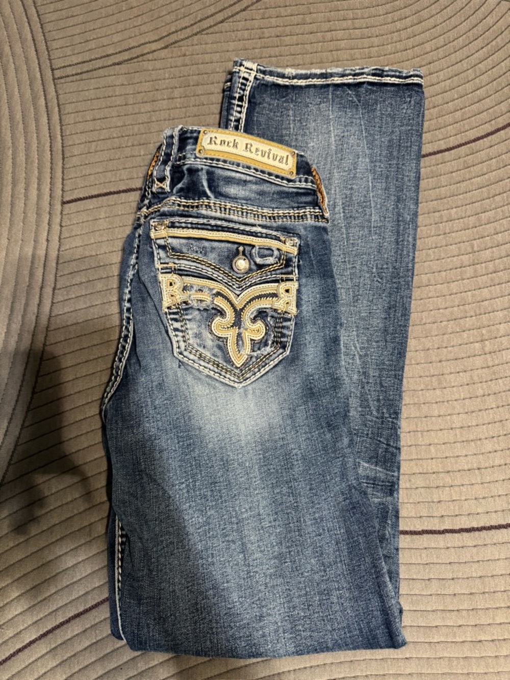 Rock Revival Women's Boot Cut Jeans - Distressed Blue with Gold Embroidery
